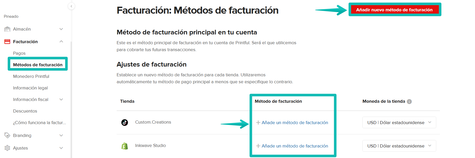 Sección de métodos de facturación que muestra el botón rojo "Añadir nuevo método de facturación" y la lista de configuración de facturación de tiendas.