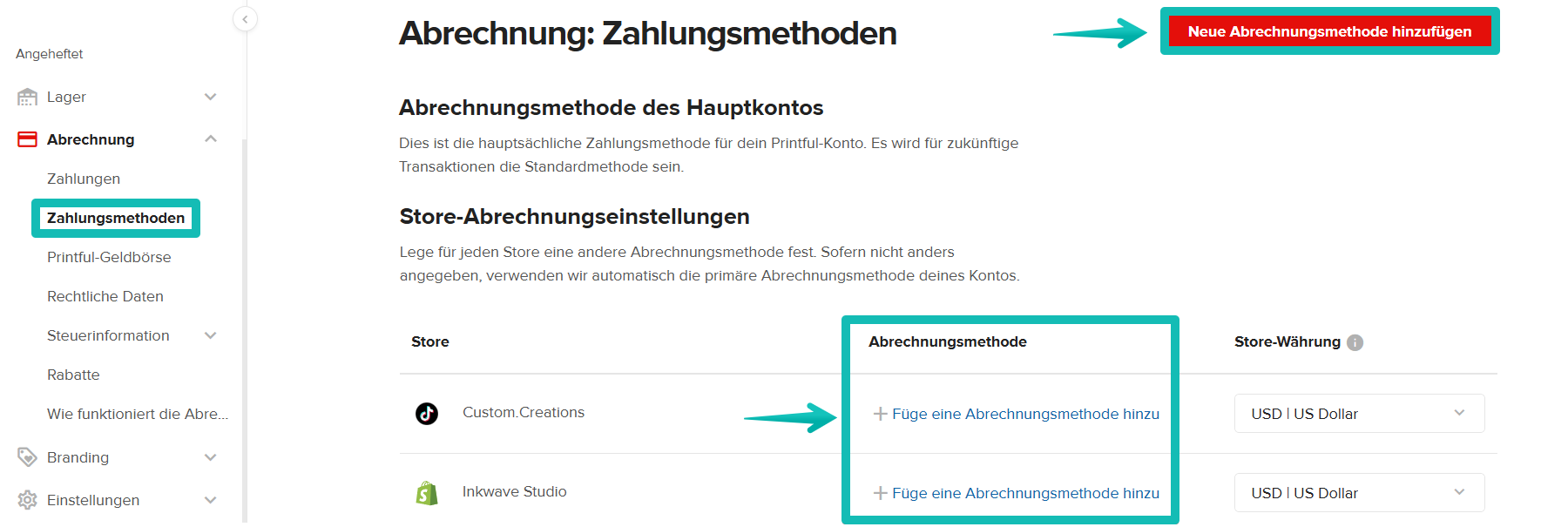 Bereich Abrechnungsmethoden mit hervorgehobener roter Schaltfläche "Neue Abrechnungsmethode hinzufügen" und Liste der Shop-Abrechnungseinstellungen.