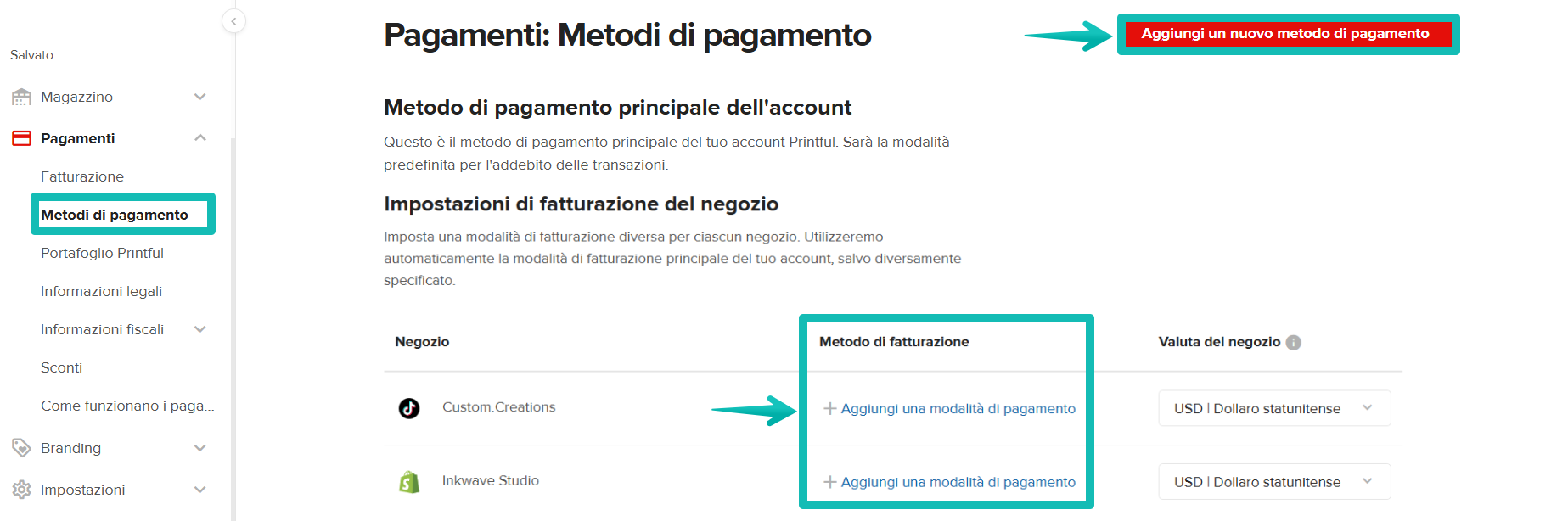 Sezione metodi di fatturazione con il pulsante rosso "Aggiungi nuovo metodo di fatturazione" e l’elenco delle impostazioni di fatturazione del negozio evidenziati.