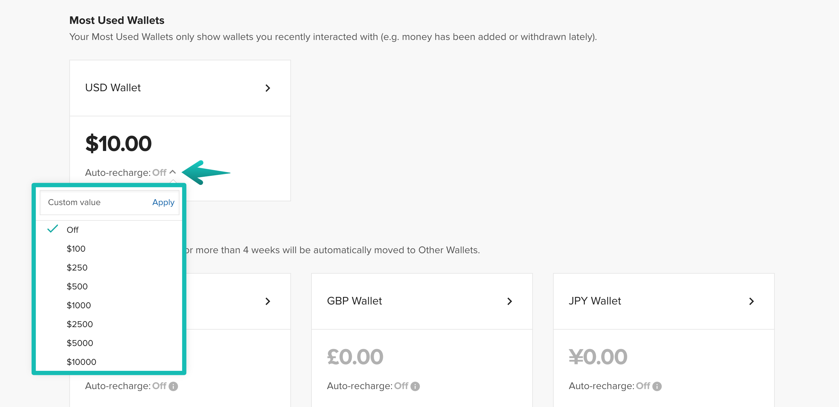 Panel de control de Printful: sección «Cartera», destacando el menú desplegable de la herramienta «Recarga automática».