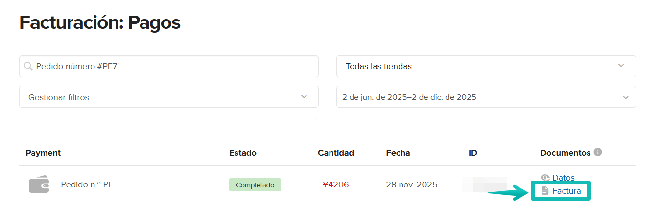 Página Facturación > Pagos con el botón de descarga de factura resaltado. 
