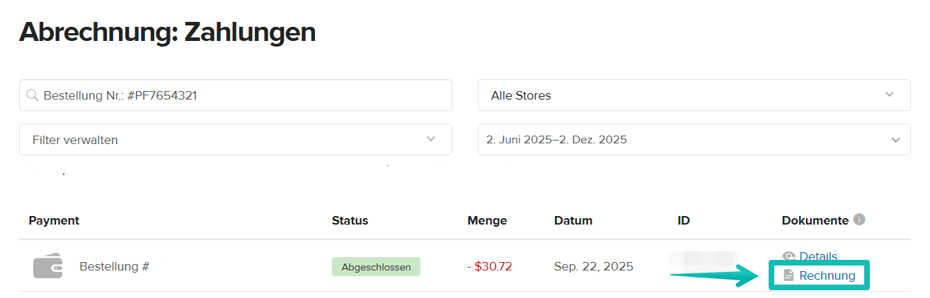Seite Abrechnung > Zahlungen mit hervorgehobener Schaltfläche zum Herunterladen der Rechnung. 
