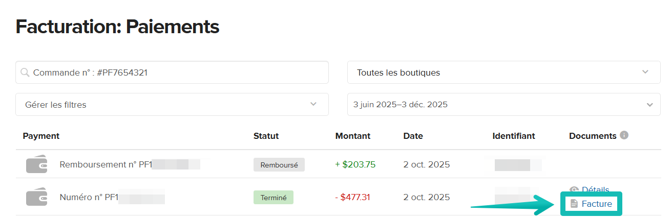 Page Facturation > Paiements avec le bouton de téléchargement de la facture mis en évidence. 