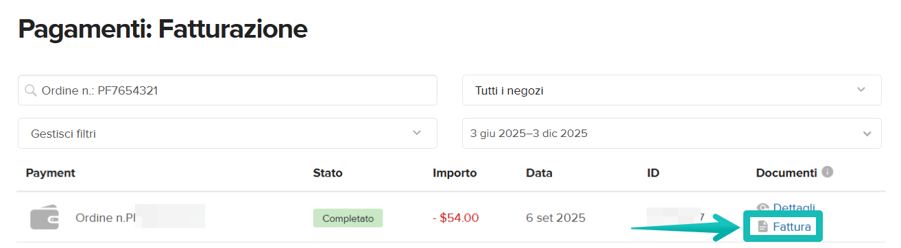 Pagina Fatturazione > Pagamenti con il pulsante di download della fattura evidenziato. 