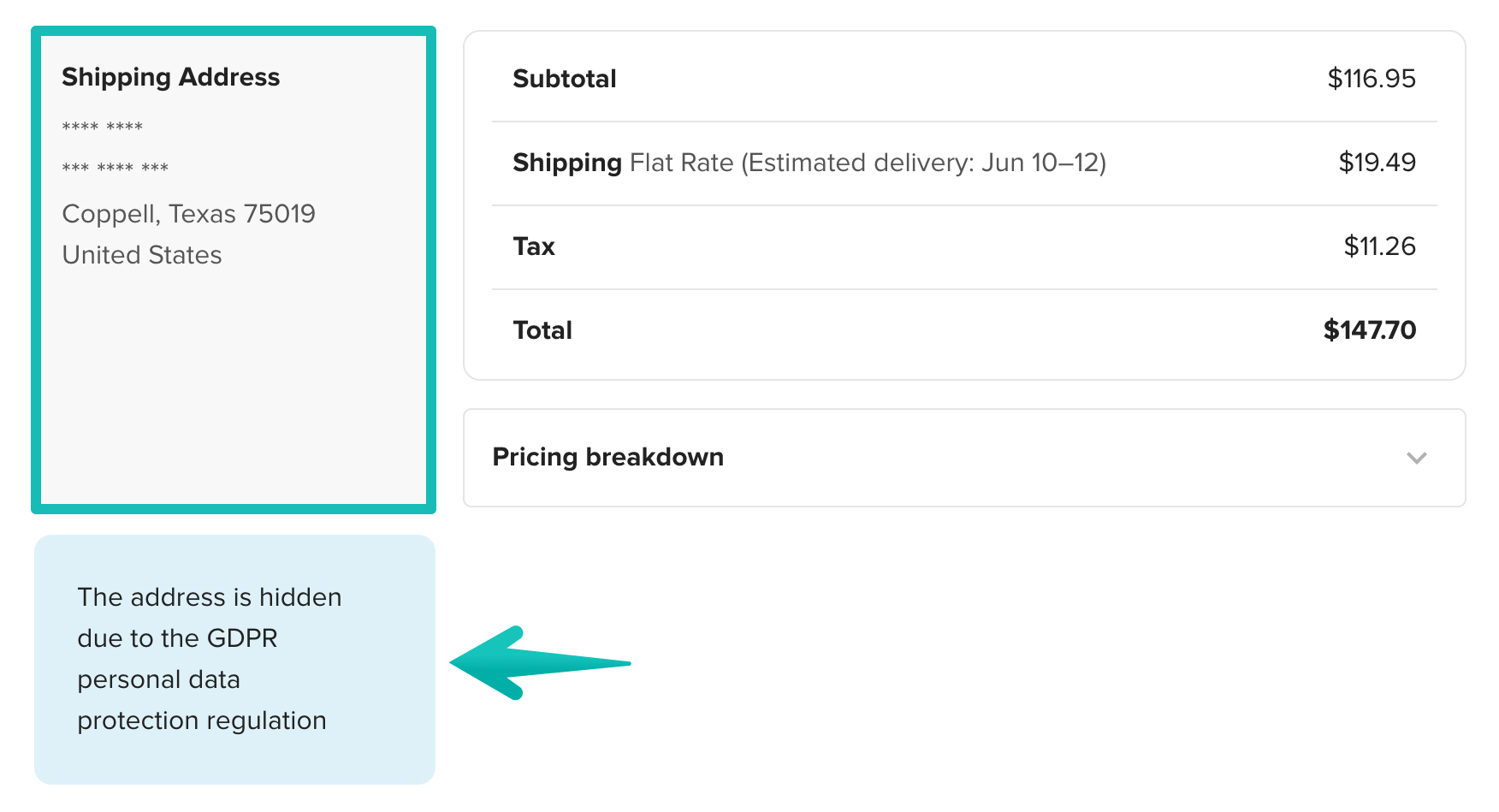 Exemple d’un récapitulatif de commande avec les informations personnelles du client masquées.