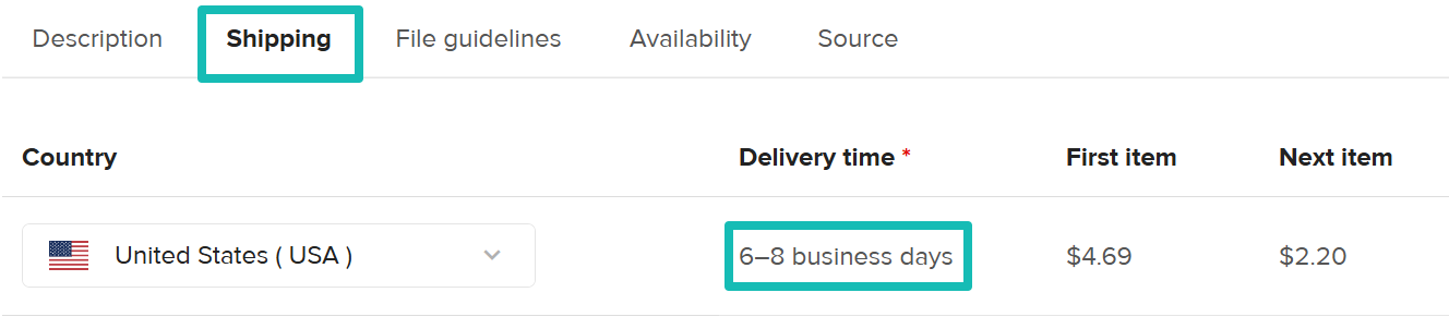 Estimated delivery time in the Shipping tab.