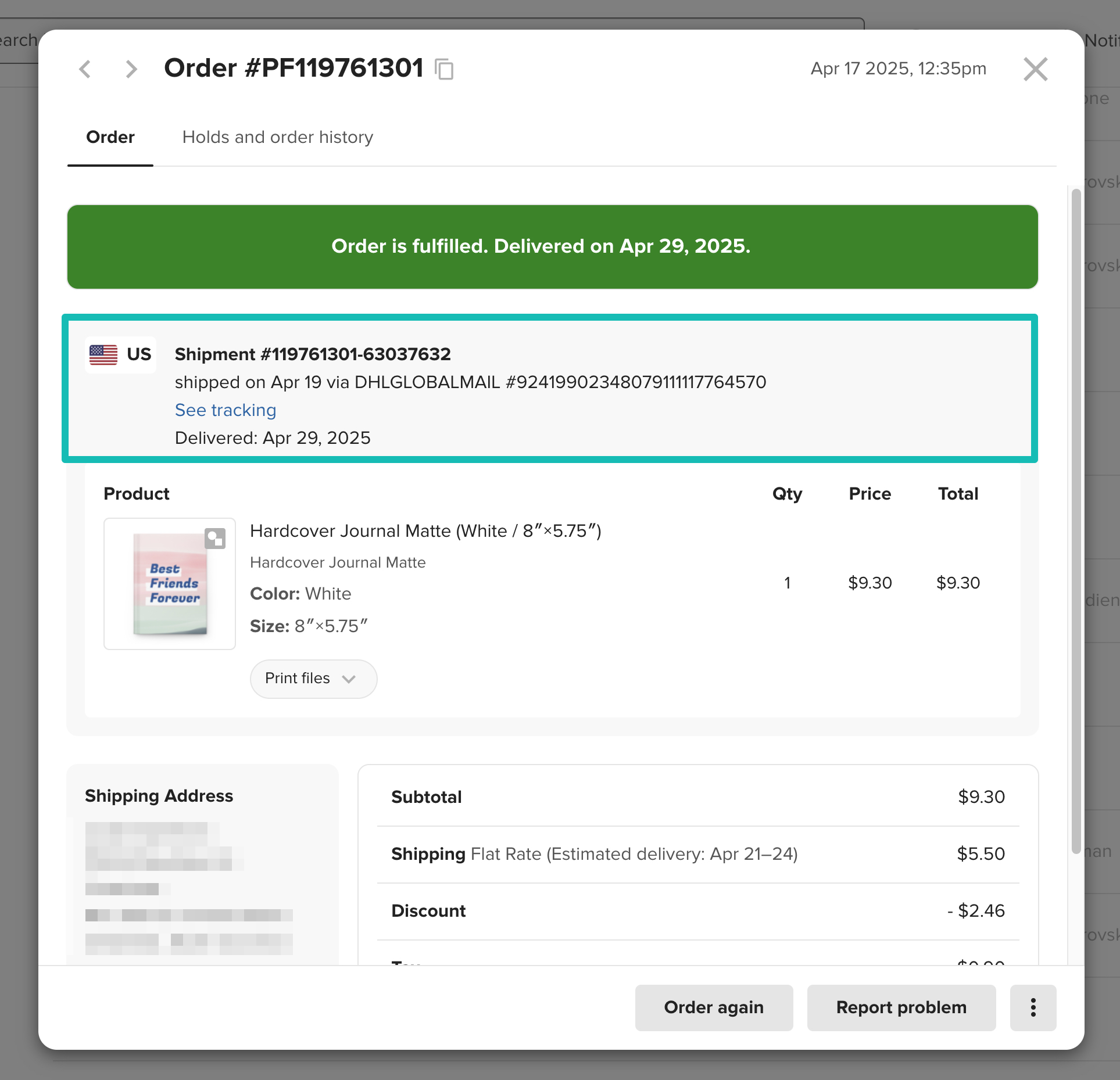 Shipping information in the order.