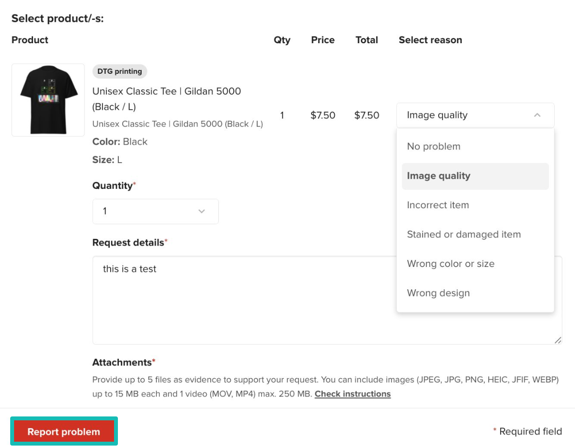 Nach der Beschreibung des Problems den Bericht senden.