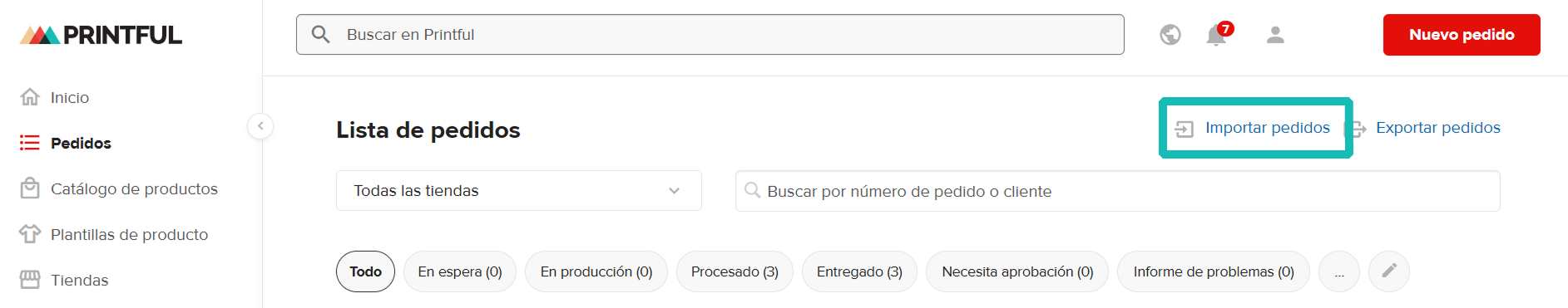 Herramienta de importación de pedidos resaltada en la página de Pedidos. 
