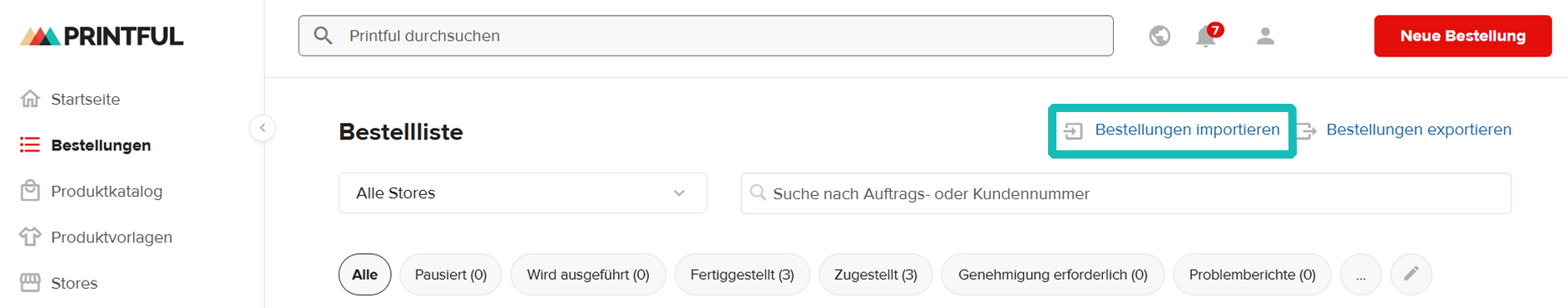 Auf der Bestellseite hervorgehobenes Bestellimport-Tool. 