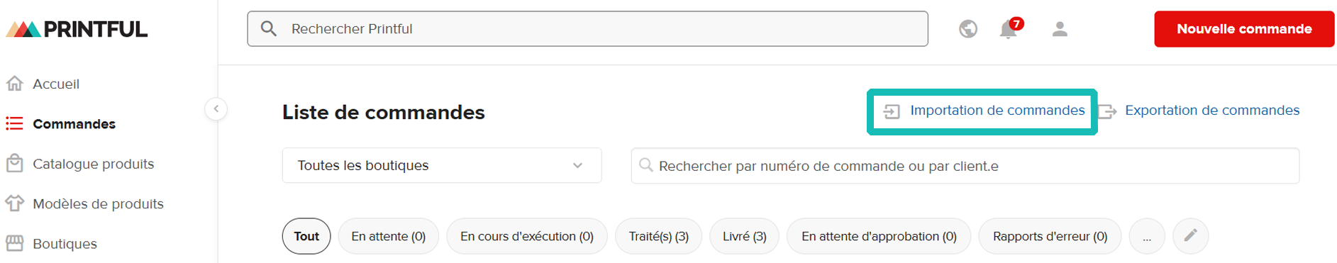 Outil d’importation de commandes mis en évidence sur la page Commandes. 