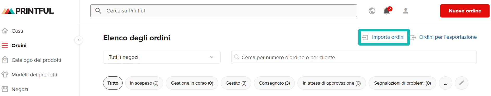 Strumento di importazione ordini evidenziato nella pagina Ordini. 