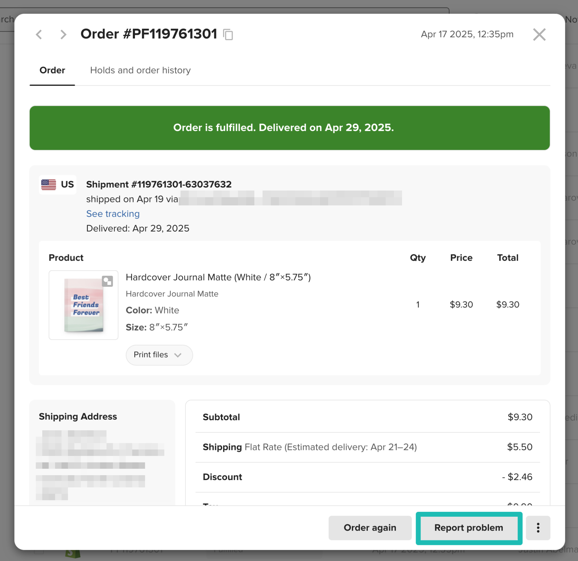 An image showing where to report a problem with an order.