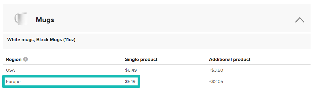 Precio de envío para una sola taza a Europa