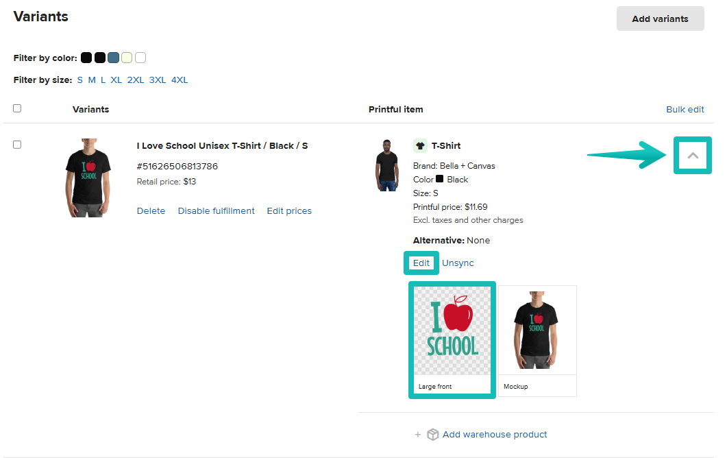 Vista ampliada de variantes de Printful que muestra opciones para Editar el producto, Desincronizar el artículo y una vista previa del archivo de impresión y mockup específicos utilizados.