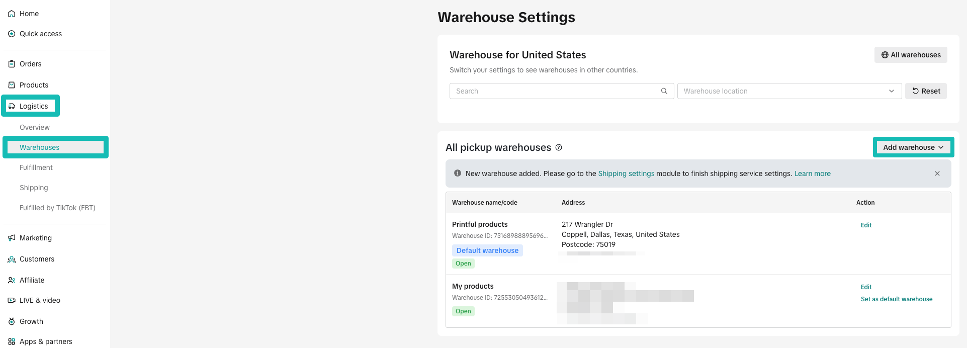 TikTok Warehous Settings page.