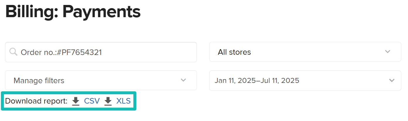 Page de facturation et de paiements, avec les boutons Télécharger le rapport mis en évidence en turquoise.