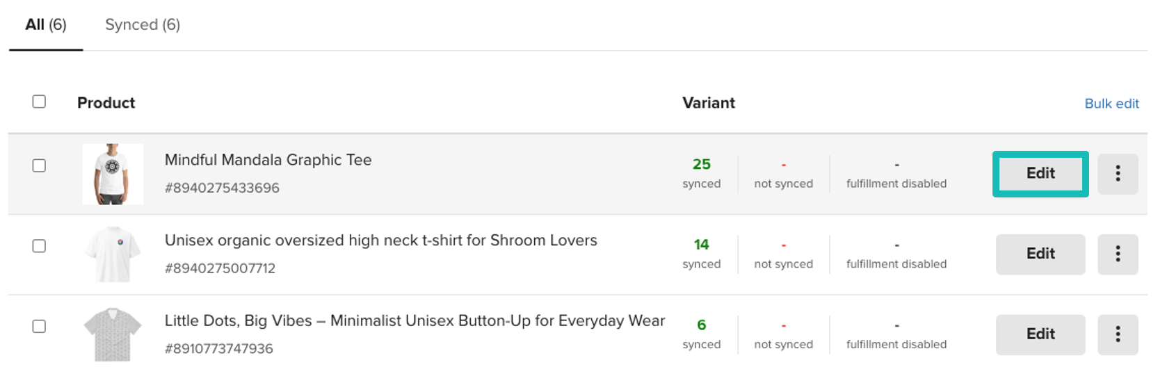 Botón Editar junto al producto en el Dashboard