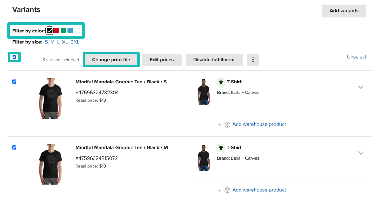 Schaltfläche Druckdatei ändern und Farbfilter in der Produktbearbeitungsansicht
