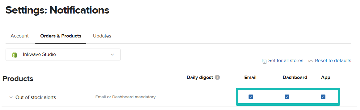 Out of stock notification settings