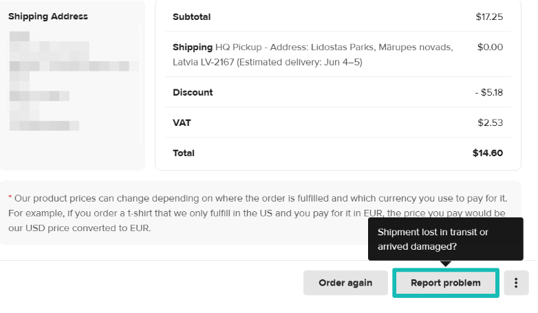 Report problem button in the order view