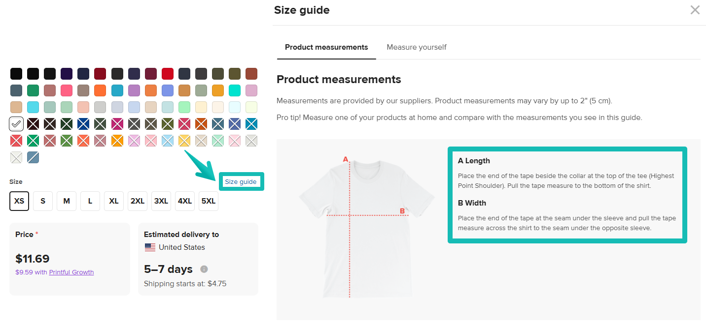 Bouton Guide des tailles sur la page produit et fenêtre Guide des tailles avec instructions de mesure.