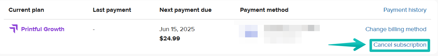 Page des forfaits Printful mettant en évidence l’option "Annuler l’abonnement". 
