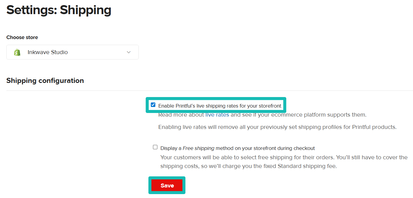 Configuración de envío de la tienda en Printful