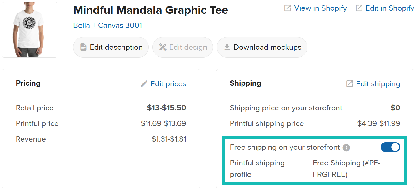 Printfulの送料無料トグル