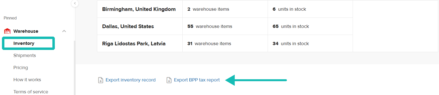 BPP tax report export button highlighted in the Inventory section.