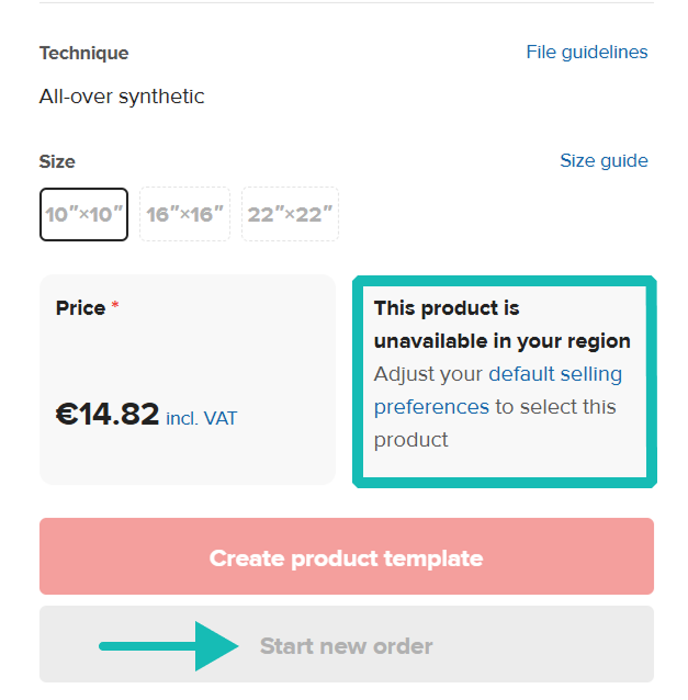 Ejemplo de un producto que no está disponible para la personalización debido a las preferencias de DSR.