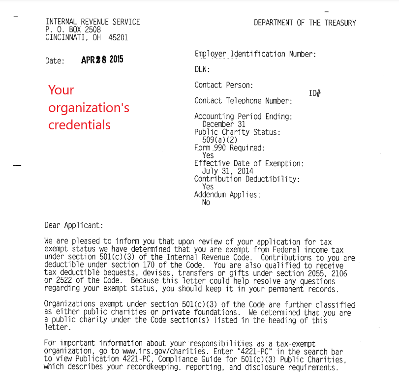 Exemple de lettre d’exonération pour organisation à but non lucratif délivrée par l’IRS.