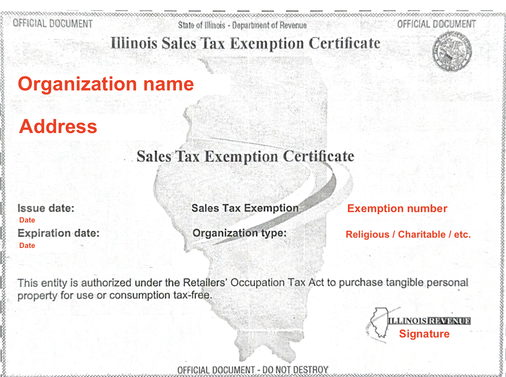 Beispiel eines vom Bundesstaat (in diesem Fall Illinois) ausgestellten Umsatzsteuerbefreiungszertifikats.