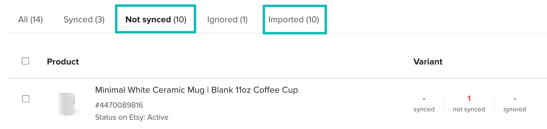 Not synced and Imported tabs when viewing published products.