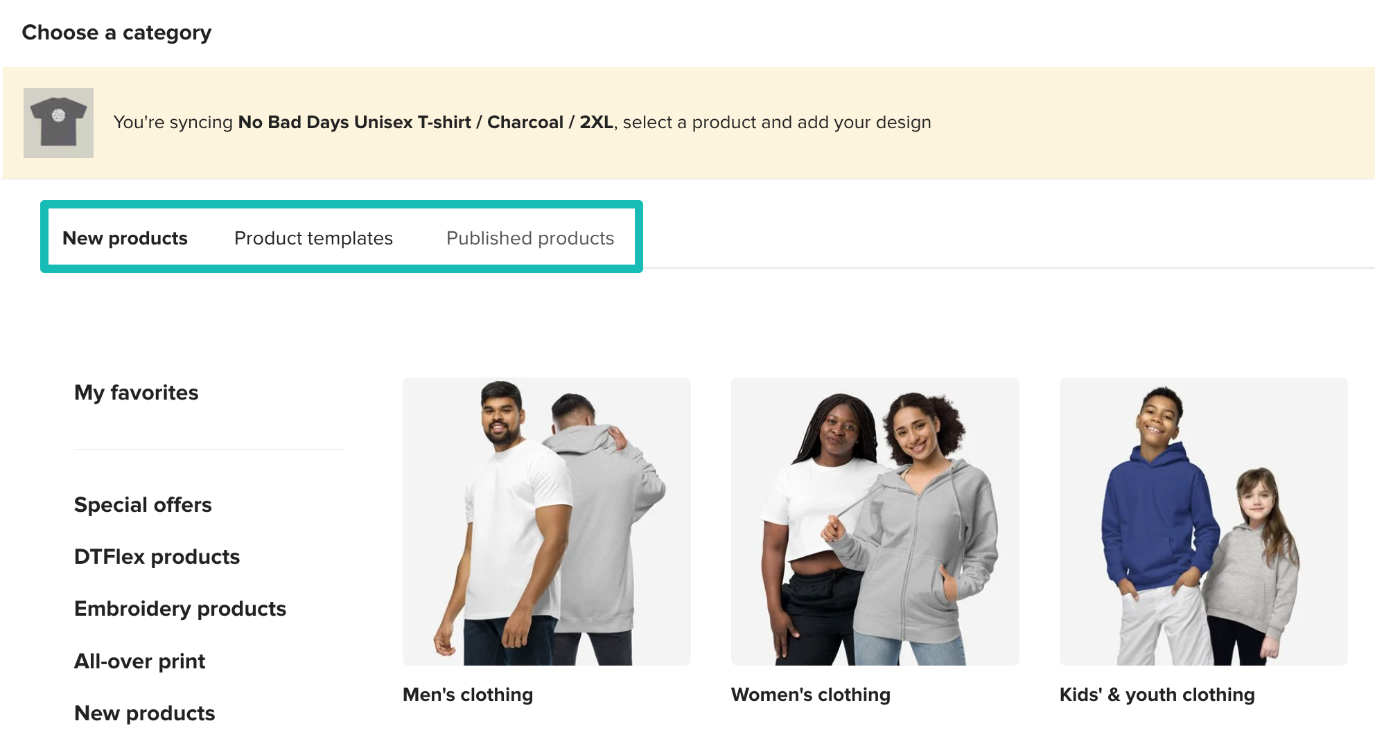 Different tabs when choosing a product for syncing.