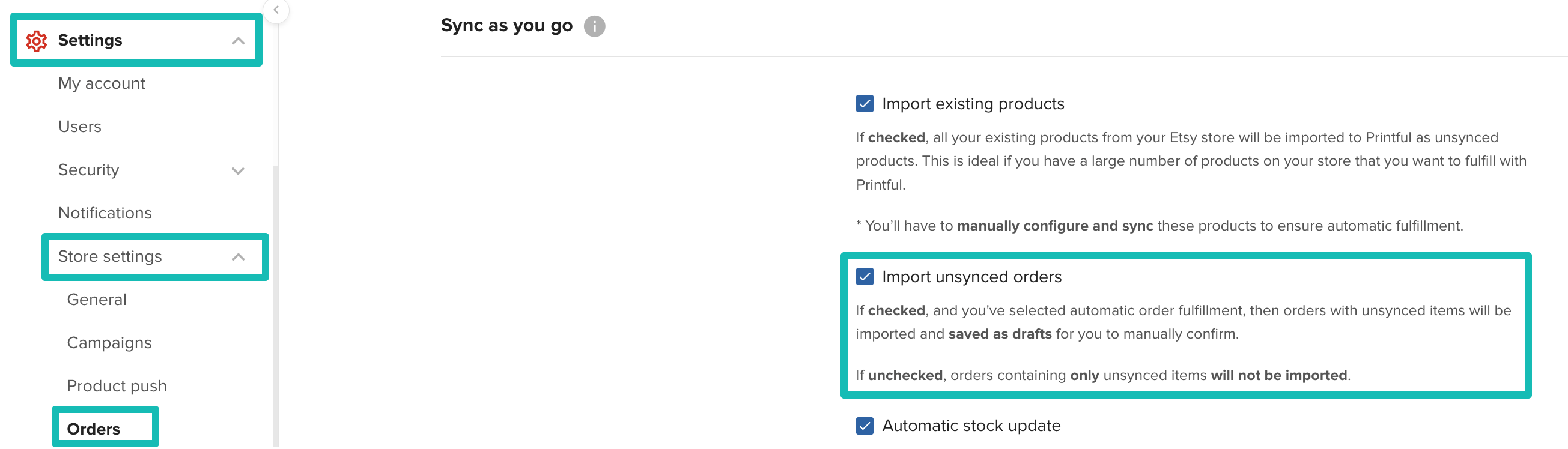 Sync as you go settings in Dashboard.