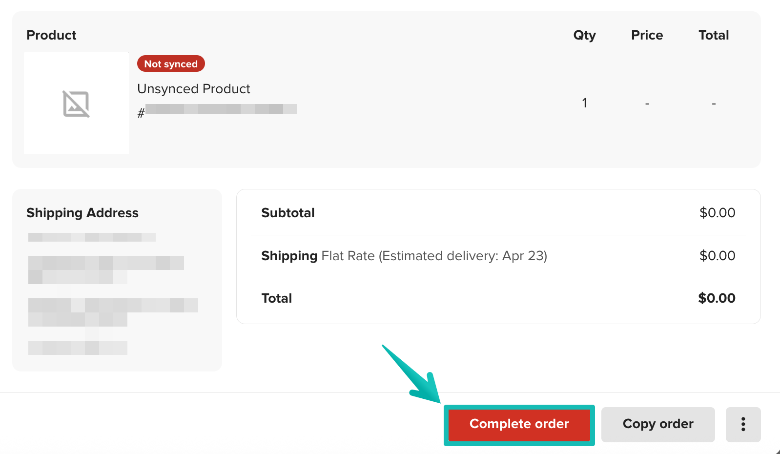 Complete order button when viewing an unsynced order.