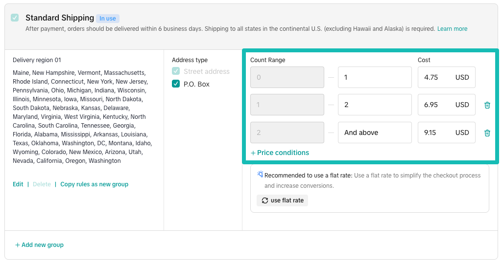 Section des tarifs dans le modèle d’expédition avec différentes plages de quantité.