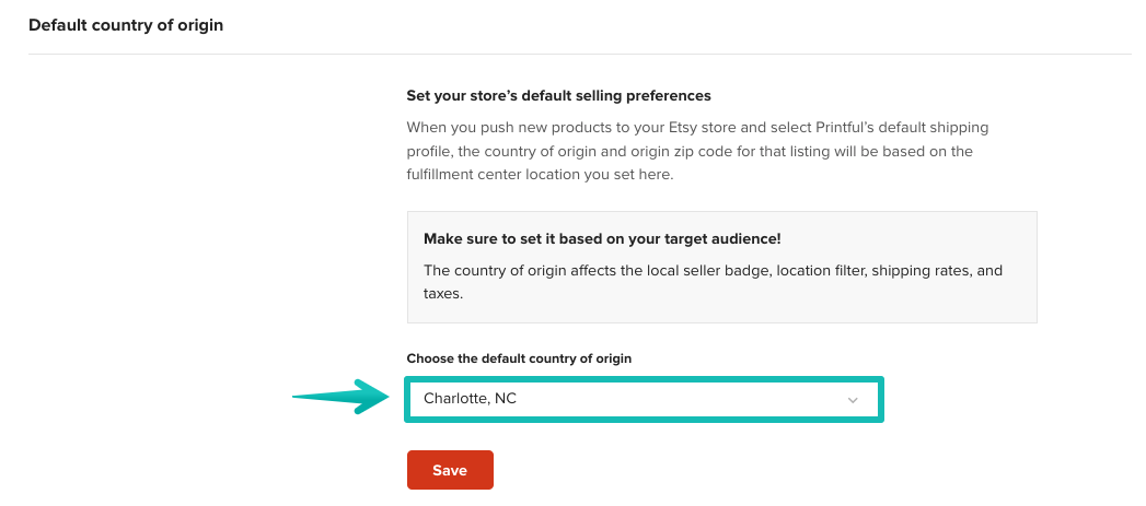 Country of origin options in Printful Dashboard settings.