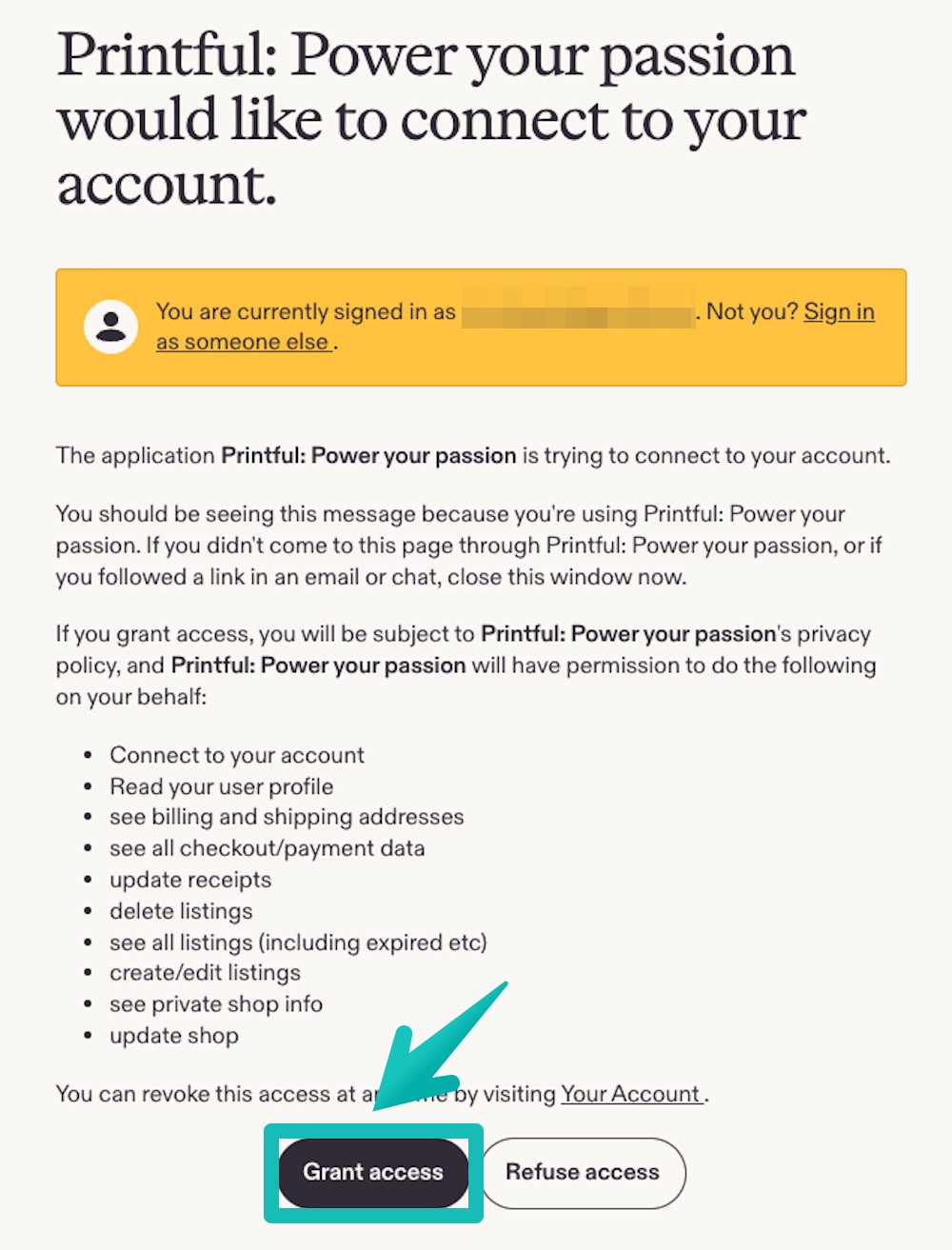 Grant access button in Etsy.