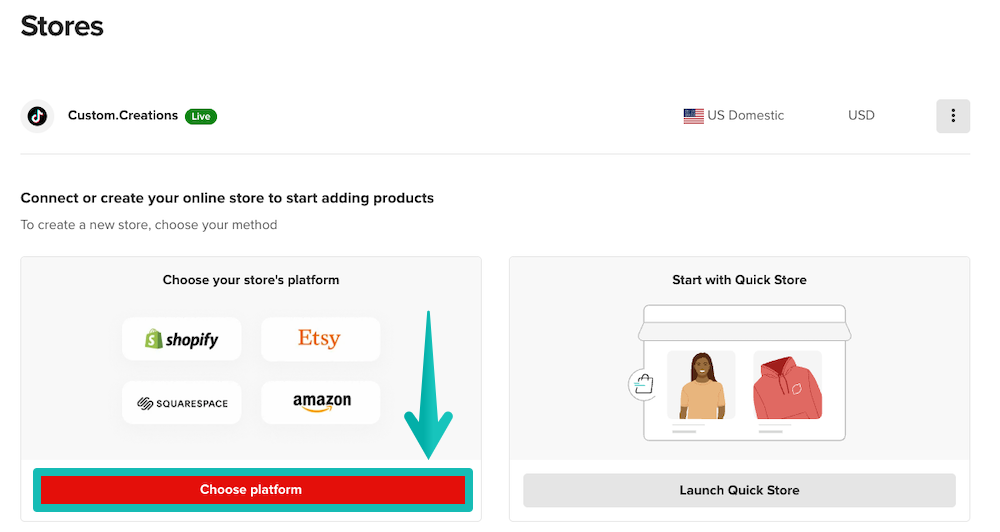 Botón Elegir plataforma en la página de Tiendas del Panel de Printful.