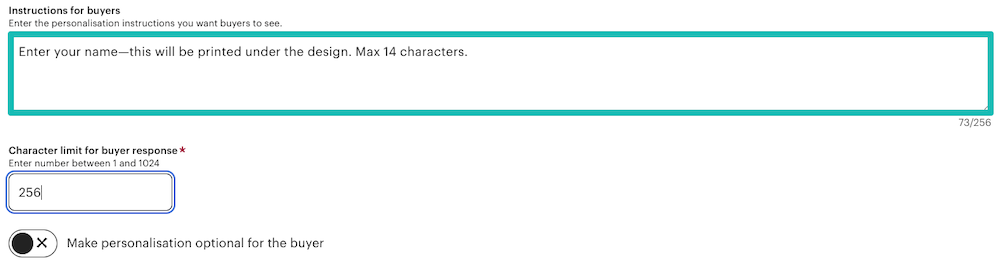Instruction for buyers field with example text.