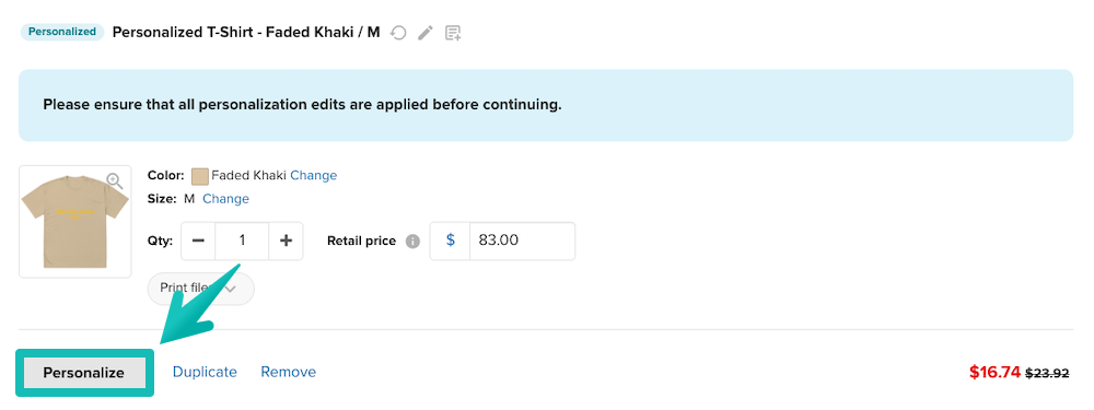 Personalize button in the order checkout.