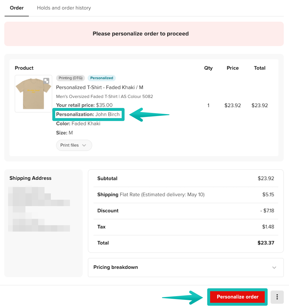 Demande de personnalisation dans la vue de la commande et bouton Personnaliser la commande.