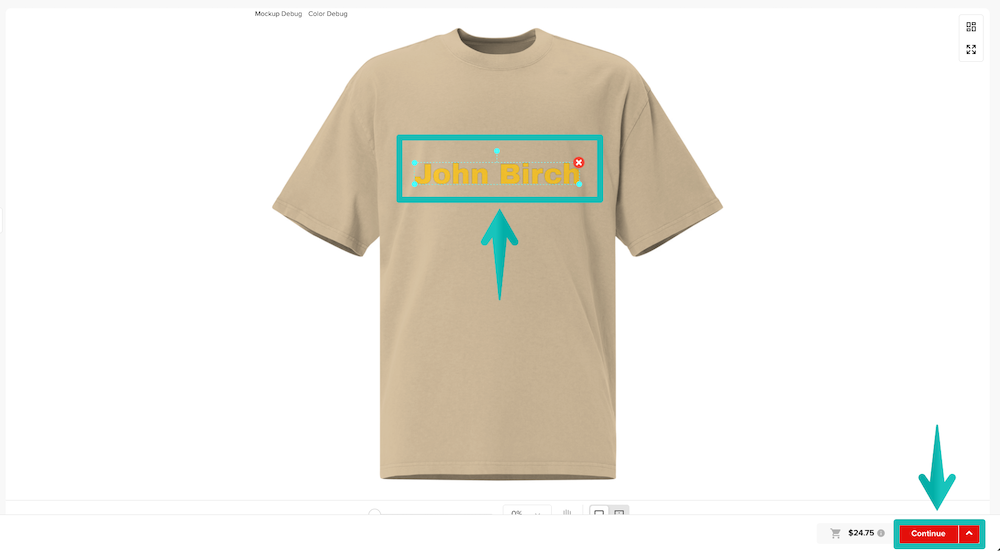 Producto en el Creador de diseños con el diseño ajustado según la solicitud del cliente.