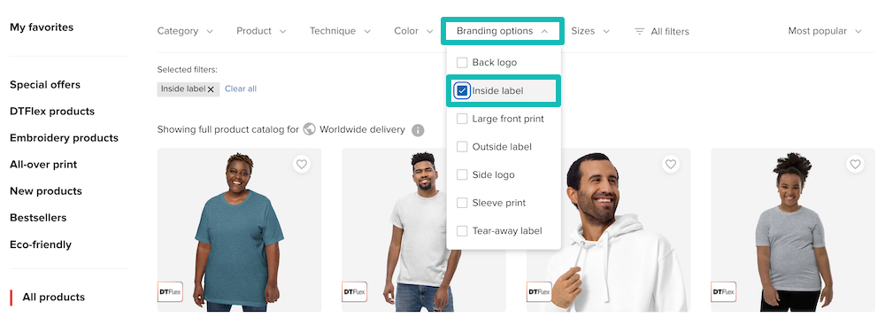 Printfulの商品カタログ内の内側ラベルフィルター。