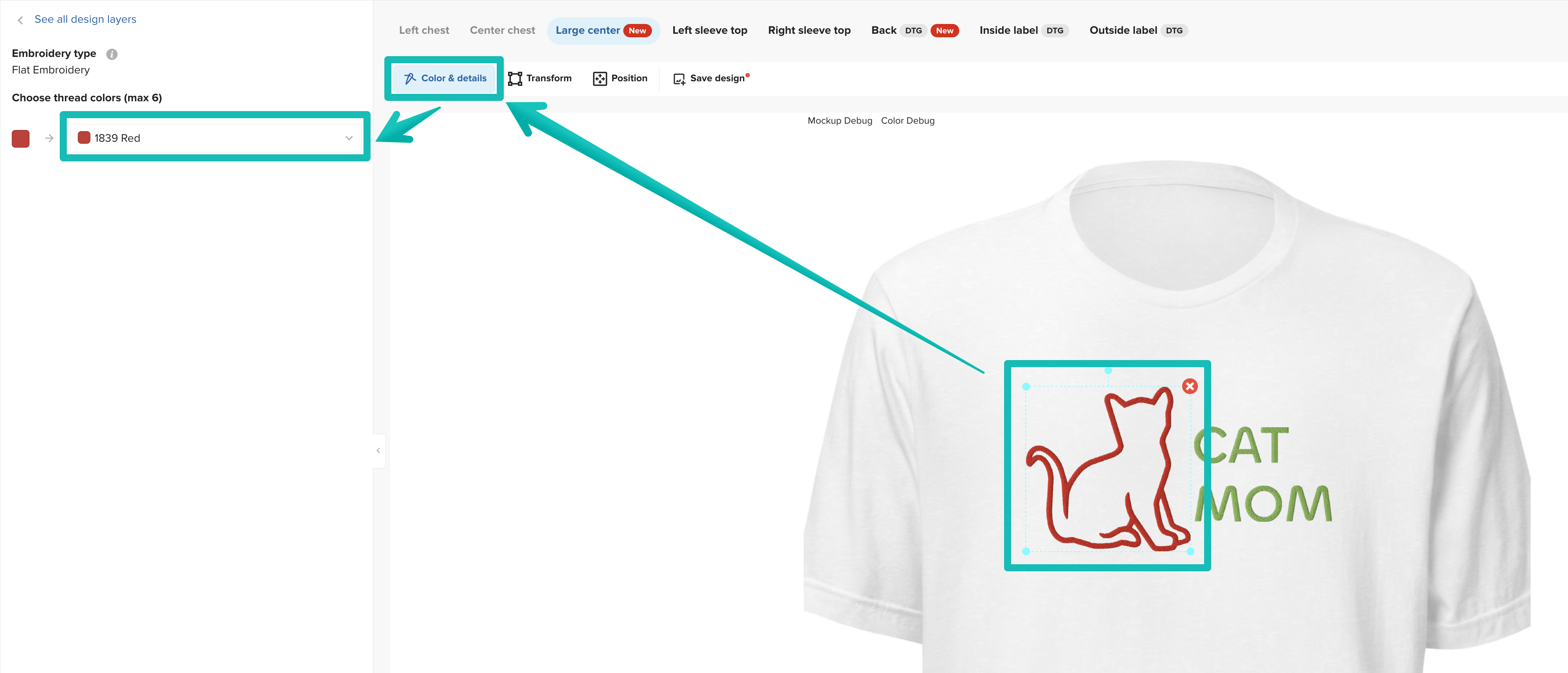 Ajuste de los colores de hilo de bordado en Design Maker.