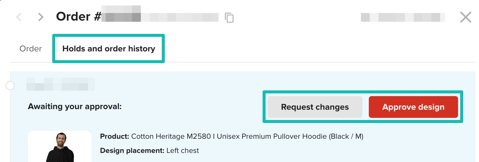 Foglio di approvazione del ricamo nella scheda Holds and order history.