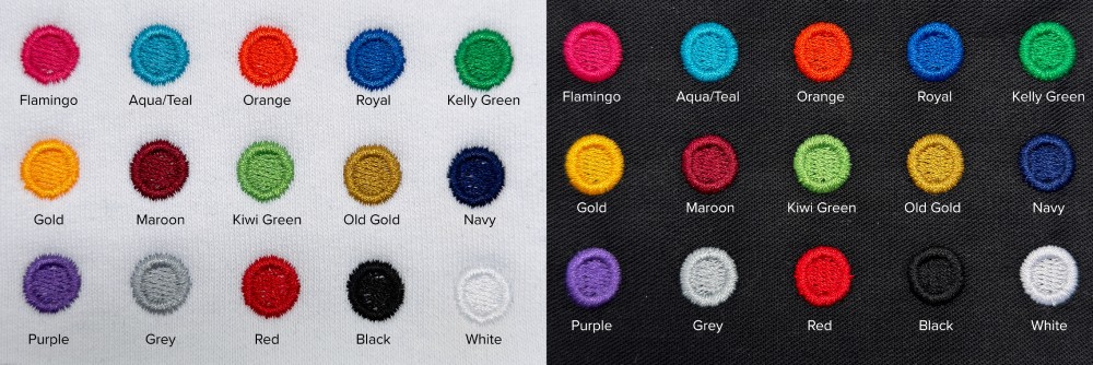 実際の製品における刺繍カラー（白と黒の生地）。