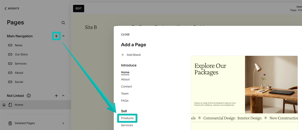 Creazione di una nuova pagina Store in Squarespace.
